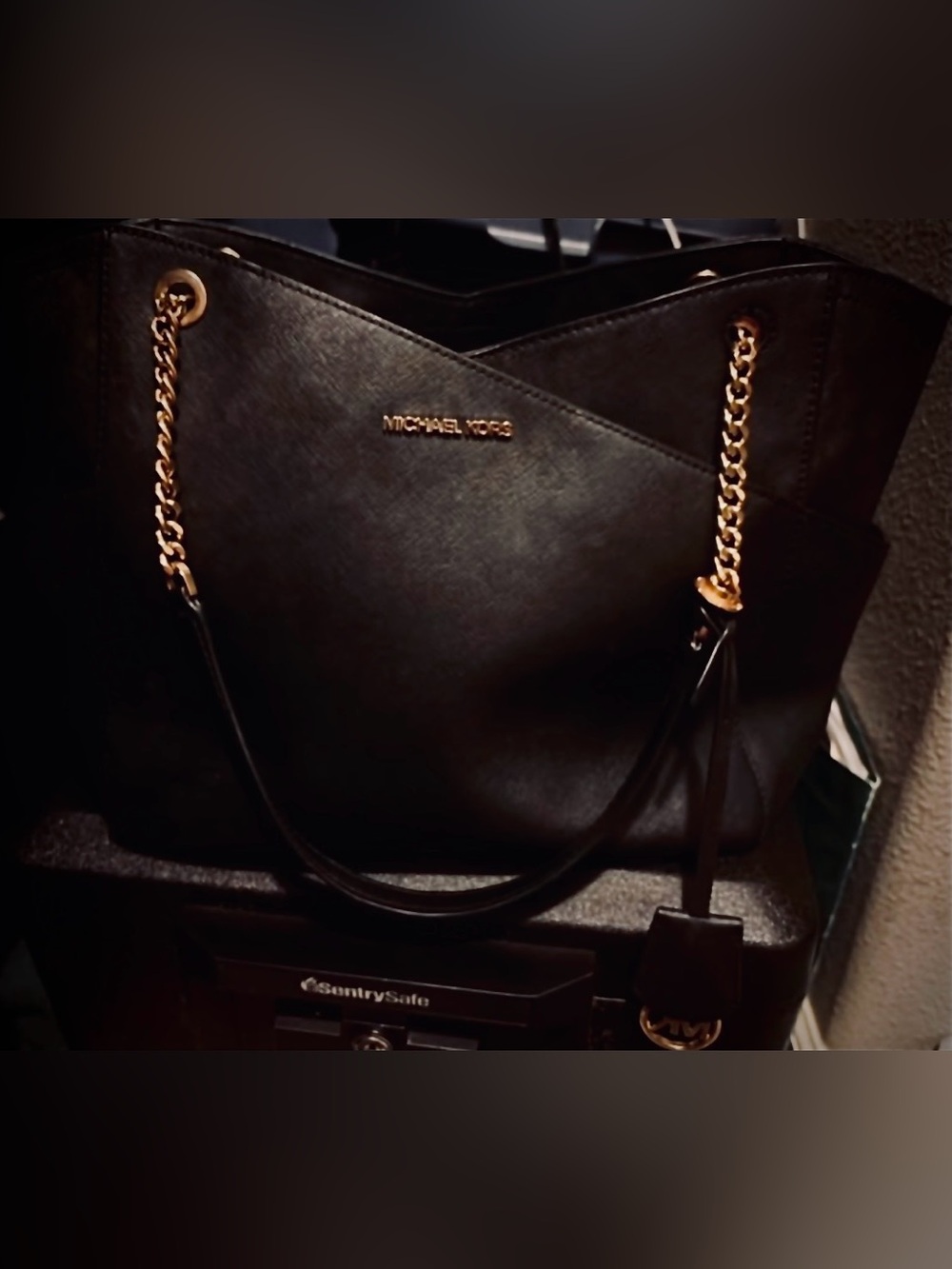 Michael Kors Black Leather Shoulder Tote with Gold Chain Straps